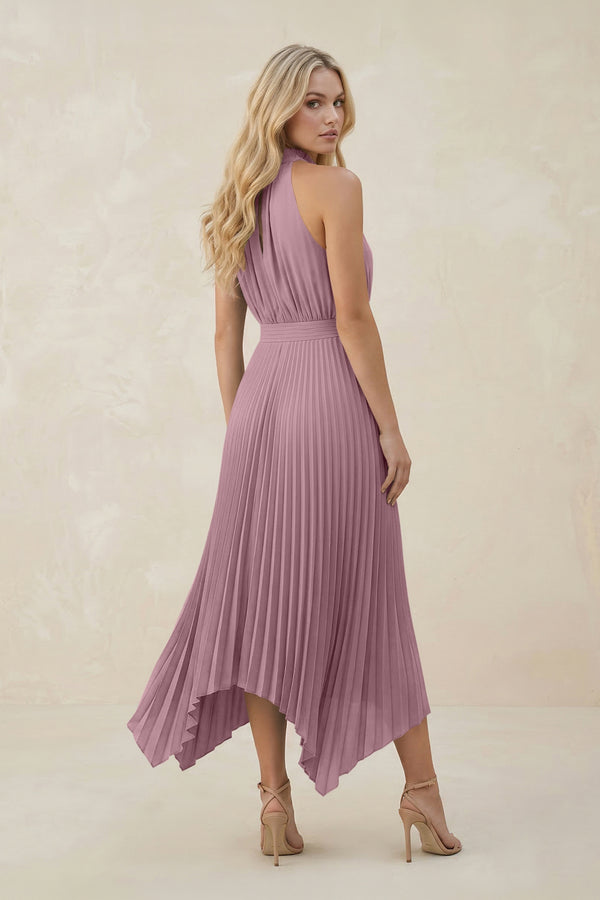Halter Neck Pleated A-Line Chiffon Bridesmaid Dress in Vintage Mauve (2) | KISSBRIDAL