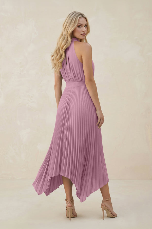 Halter Neck Pleated A - Line Chiffon Bridesmaid Dress in Vintage Mauve - SHE IS ME Bridesmaid Dresses