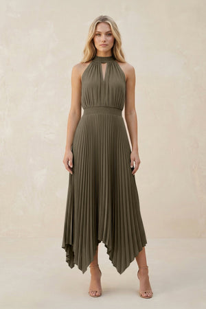 Halter Neck Pleated A - Line Chiffon Bridesmaid Dress in Willow Green - SHE IS ME Bridesmaid Dresses