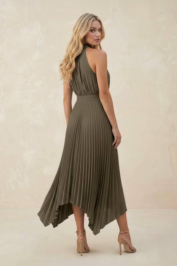 Halter Neck Pleated A - Line Chiffon Bridesmaid Dress in Willow Green - SHE IS ME Bridesmaid Dresses