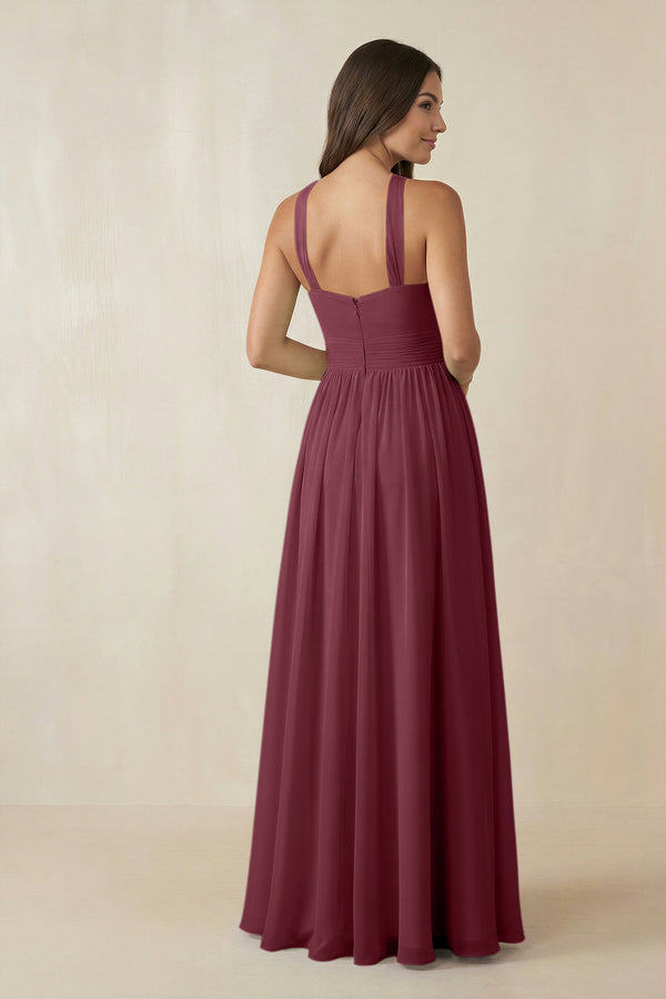 Halter Neck Ruched A-Line Chiffon Bridesmaid Dress in Desert Rose (2) | KISSBRIDAL