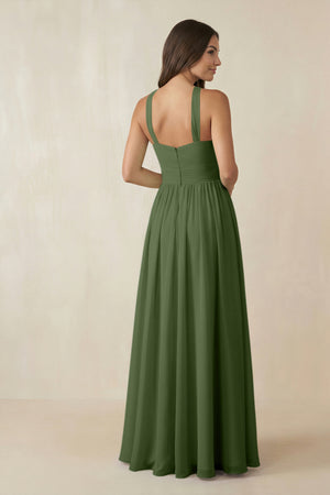 Halter Neck Ruched A-Line Chiffon Bridesmaid Dress in Moss (2) | KISSBRIDAL