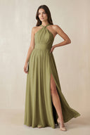Halter Neck Ruched A-Line Chiffon Bridesmaid Dress in Moss Green | KISSBRIDAL