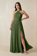 Halter Neck Ruched A-Line Chiffon Bridesmaid Dress in Moss | KISSBRIDAL