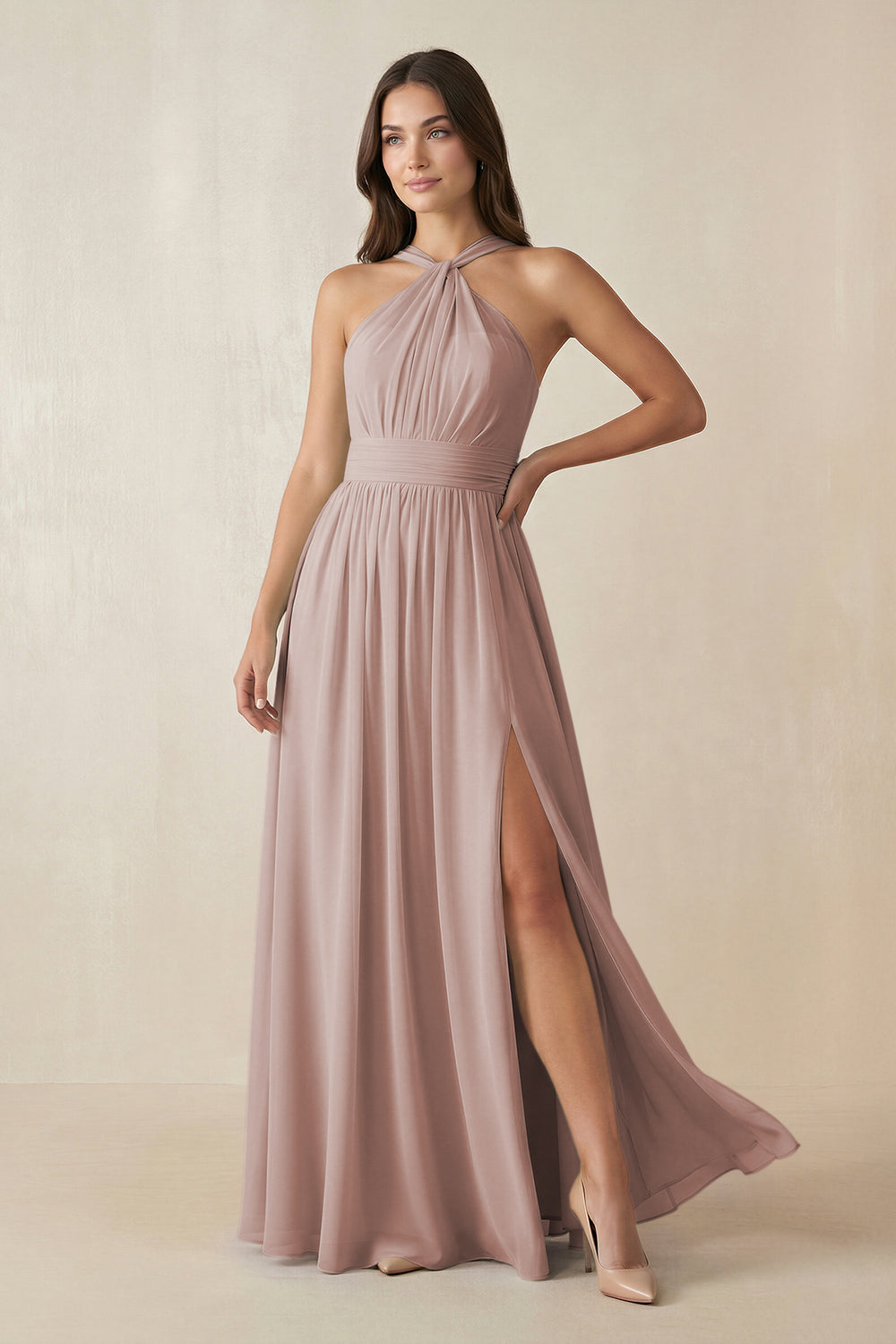 Halter Neck Ruched A-Line Chiffon Bridesmaid Dress in Toffee