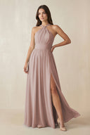 Halter Neck Ruched A-Line Chiffon Bridesmaid Dress in Toffee | KISSBRIDAL