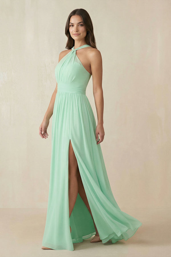 Halter Neck Ruched A-Line Chiffon Dress in Pale Pistachio - SHE IS ME BRIDESMAID DRESSES