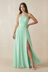 Halter Neck Ruched A-Line Chiffon Dress in Pale Pistachio - KISS BRIDAL BRIDESMAID DRESSES