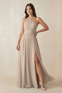 Halter Neck Ruched A-Line Chiffon Dress in Almond - SHE IS ME BRIDESMAID DRESSES