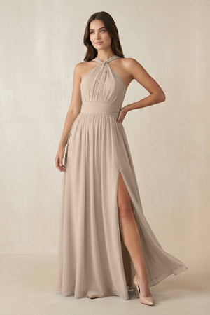 Halter Neck Ruched A-Line Chiffon Dress in Almond - SHE IS ME BRIDESMAID DRESSES