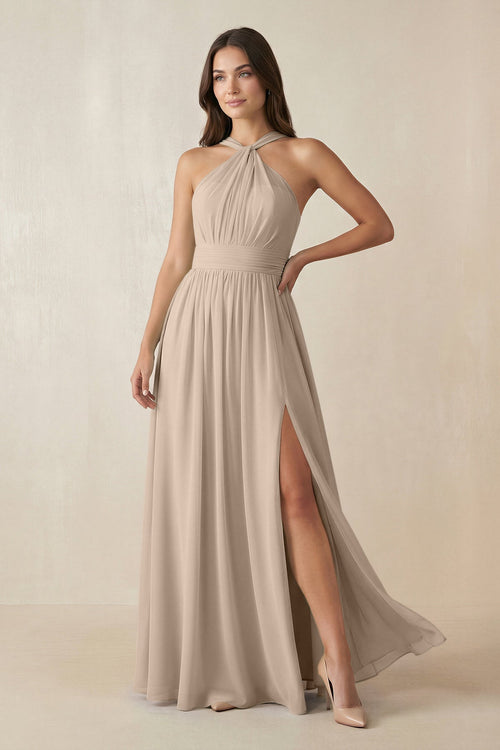 Halter Neck Ruched A-Line Chiffon Dress in Almond - SHE IS ME BRIDESMAID DRESSES