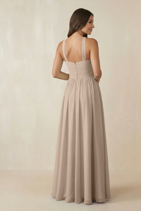 Halter Neck Ruched A-Line Chiffon Dress in Almond - SHE IS ME BRIDESMAID DRESSES