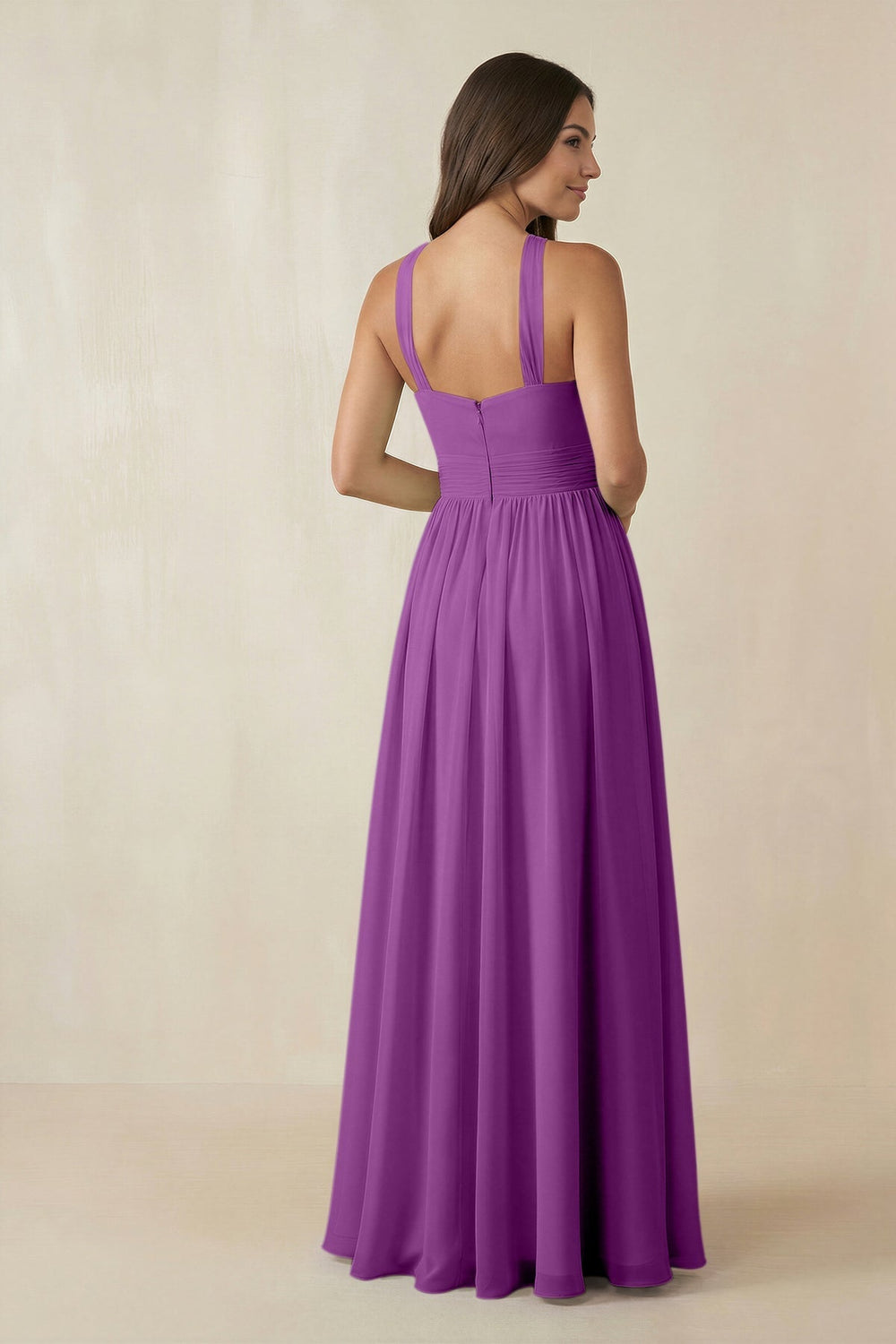 Halter Neck Ruched A-Line Chiffon Dress in Amethyst - KISS BRIDAL BRIDESMAID DRESSES