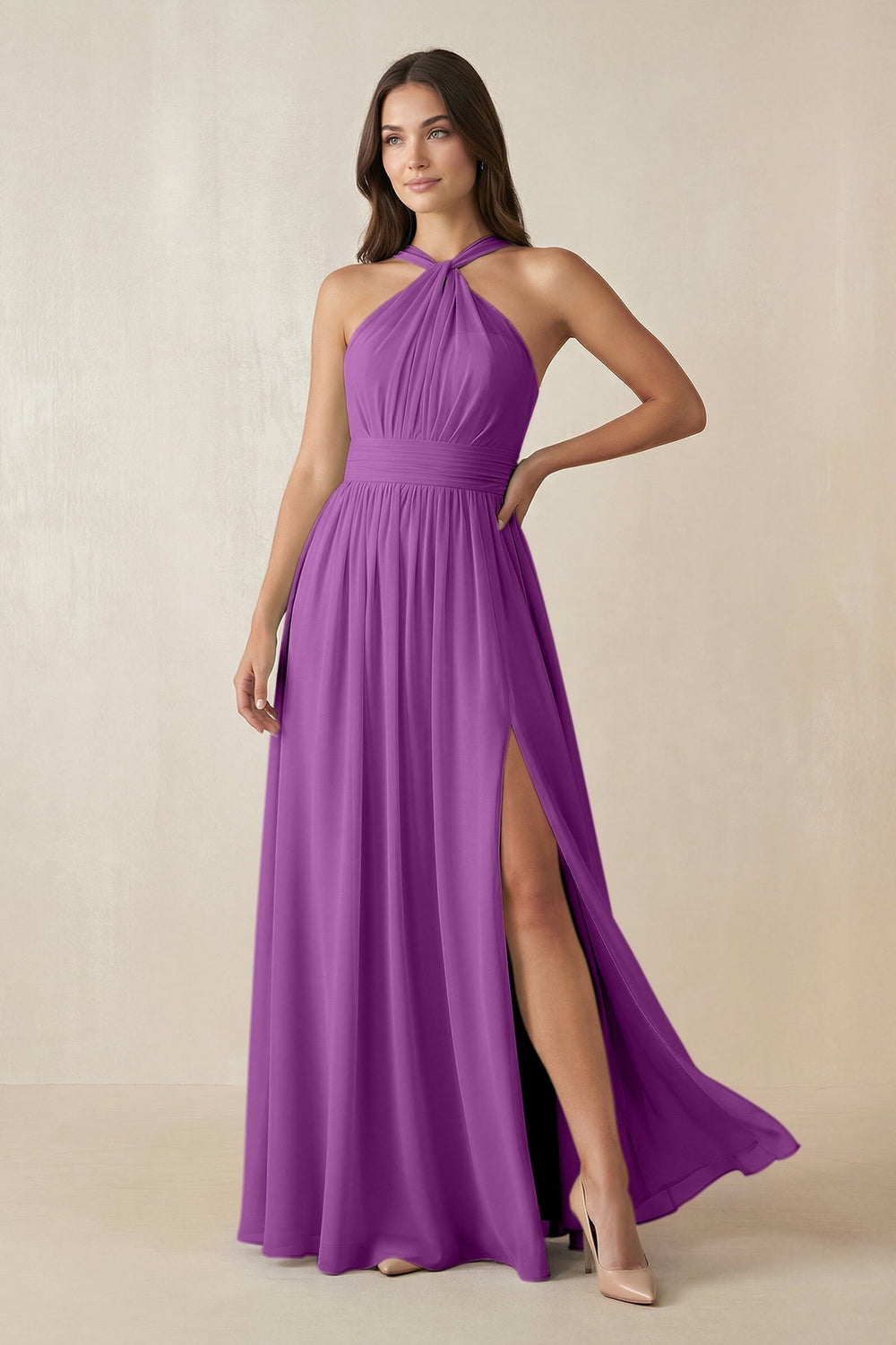 Halter Neck Ruched A-Line Chiffon Dress in Amethyst - KISS BRIDAL BRIDESMAID DRESSES