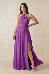 Halter Neck Ruched A-Line Chiffon Dress in Amethyst - KISS BRIDAL BRIDESMAID DRESSES
