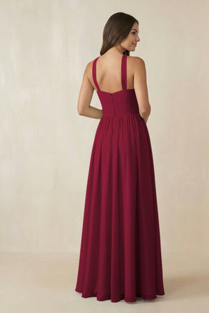 Halter Neck Ruched A-Line Chiffon Dress in Berry - SHE IS ME BRIDESMAID DRESSES