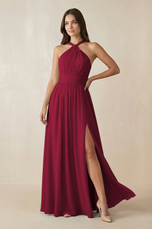 Halter Neck Ruched A-Line Chiffon Dress in Berry - SHE IS ME BRIDESMAID DRESSES