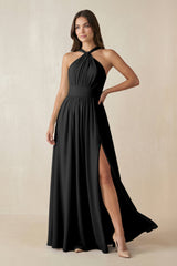 Halter Neck Ruched A-Line Chiffon Dress in Black - KISS BRIDAL BRIDESMAID DRESSES