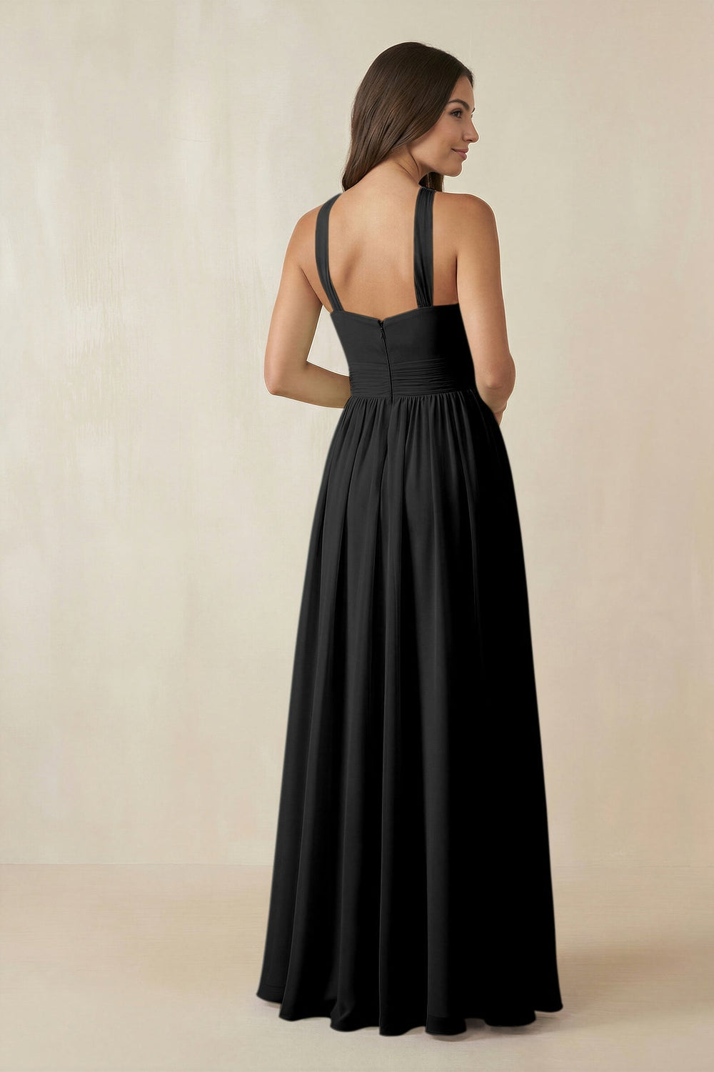 Halter Neck Ruched A-Line Chiffon Dress in Black - KISS BRIDAL BRIDESMAID DRESSES