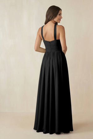 Halter Neck Ruched A-Line Chiffon Dress in Black - SHE IS ME BRIDESMAID DRESSES