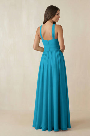 Halter Neck Ruched A-Line Chiffon Dress in Blue Jay - SHE IS ME BRIDESMAID DRESSES