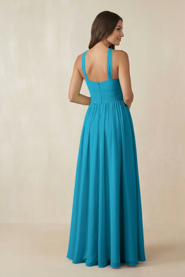 Halter Neck Ruched A-Line Chiffon Dress in Blue Jay - SHE IS ME BRIDESMAID DRESSES