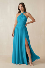 Halter Neck Ruched A-Line Chiffon Dress in Blue Jay - KISS BRIDAL BRIDESMAID DRESSES