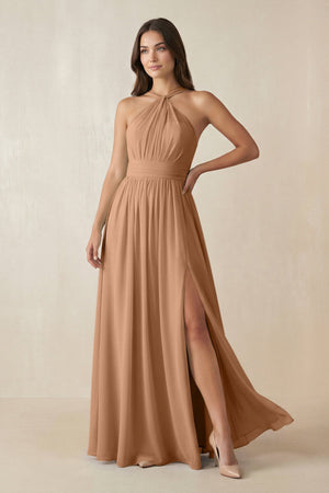 Halter Neck Ruched A-Line Chiffon Dress in Bronzer - SHE IS ME BRIDESMAID DRESSES