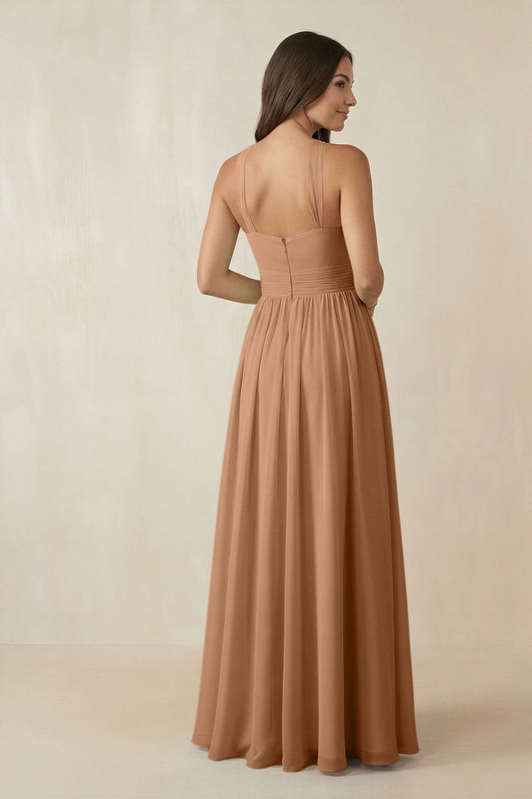 Halter Neck Ruched A-Line Chiffon Dress in Bronzer - SHE IS ME BRIDESMAID DRESSES