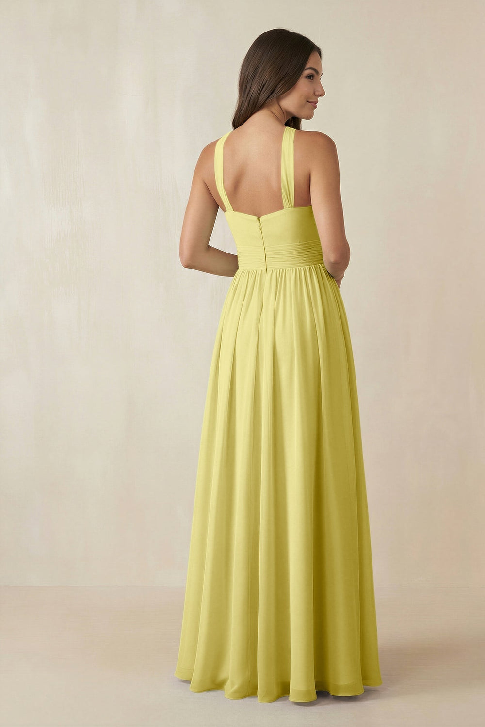 Halter Neck Ruched A-Line Chiffon Dress in Buttercup - KISS BRIDAL BRIDESMAID DRESSES
