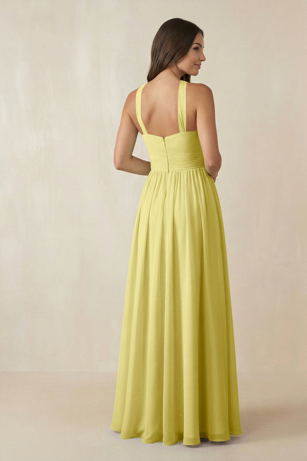 Halter Neck Ruched A-Line Chiffon Dress in Buttercup - SHE IS ME BRIDESMAID DRESSES