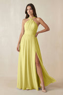Halter Neck Ruched A-Line Chiffon Dress in Buttercup - SHE IS ME BRIDESMAID DRESSES