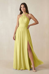 Halter Neck Ruched A-Line Chiffon Dress in Buttercup - KISS BRIDAL BRIDESMAID DRESSES