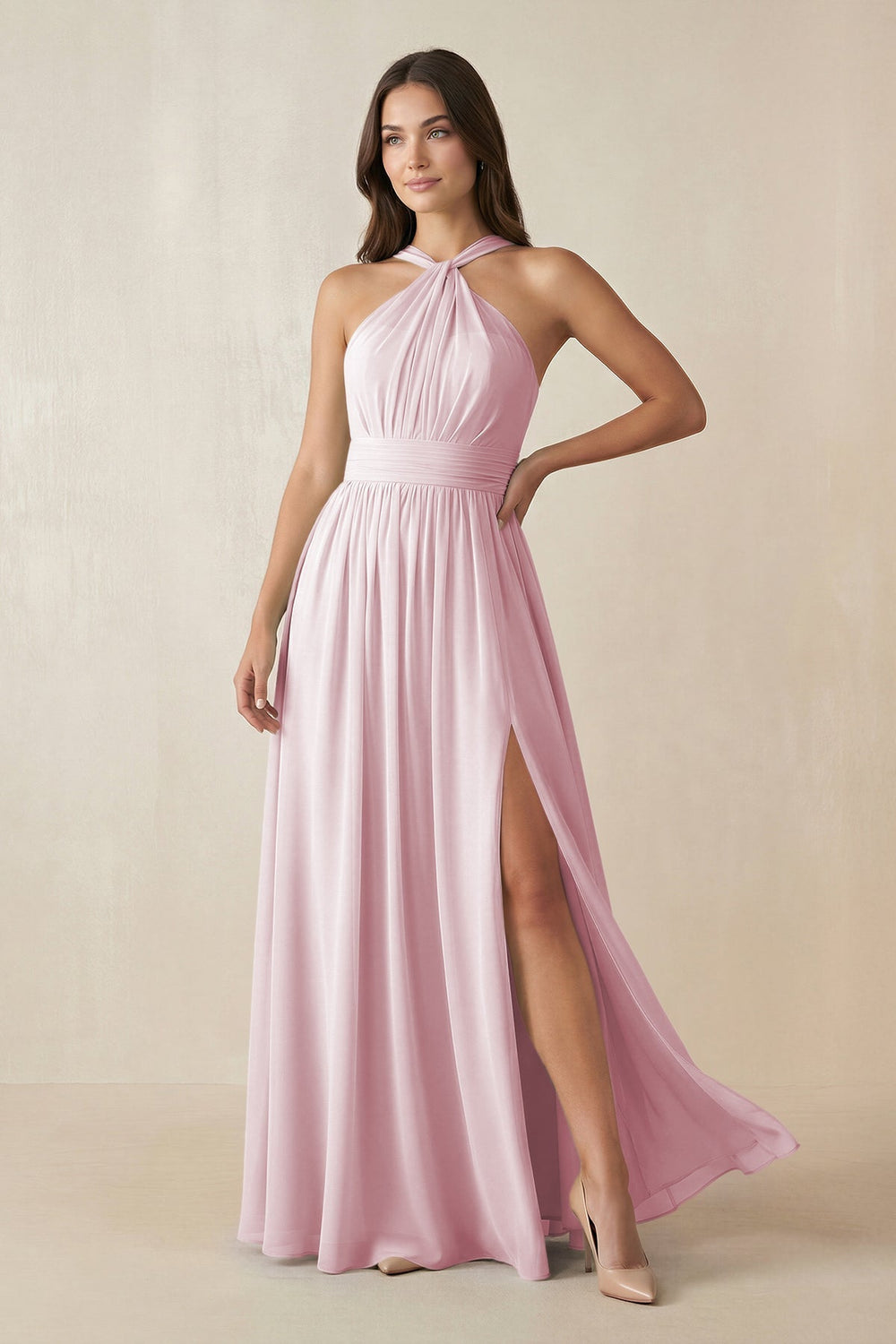 Halter Neck Ruched A-Line Chiffon Dress in Candy Pink - KISS BRIDAL BRIDESMAID DRESSES
