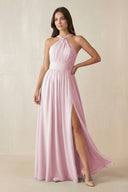 Halter Neck Ruched A-Line Chiffon Dress in Candy Pink - SHE IS ME BRIDESMAID DRESSES