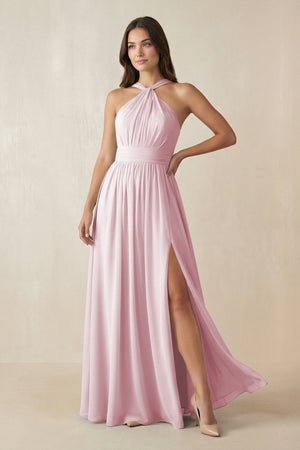 Halter Neck Ruched A-Line Chiffon Dress in Candy Pink - SHE IS ME BRIDESMAID DRESSES