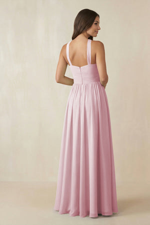 Halter Neck Ruched A-Line Chiffon Dress in Candy Pink - SHE IS ME BRIDESMAID DRESSES