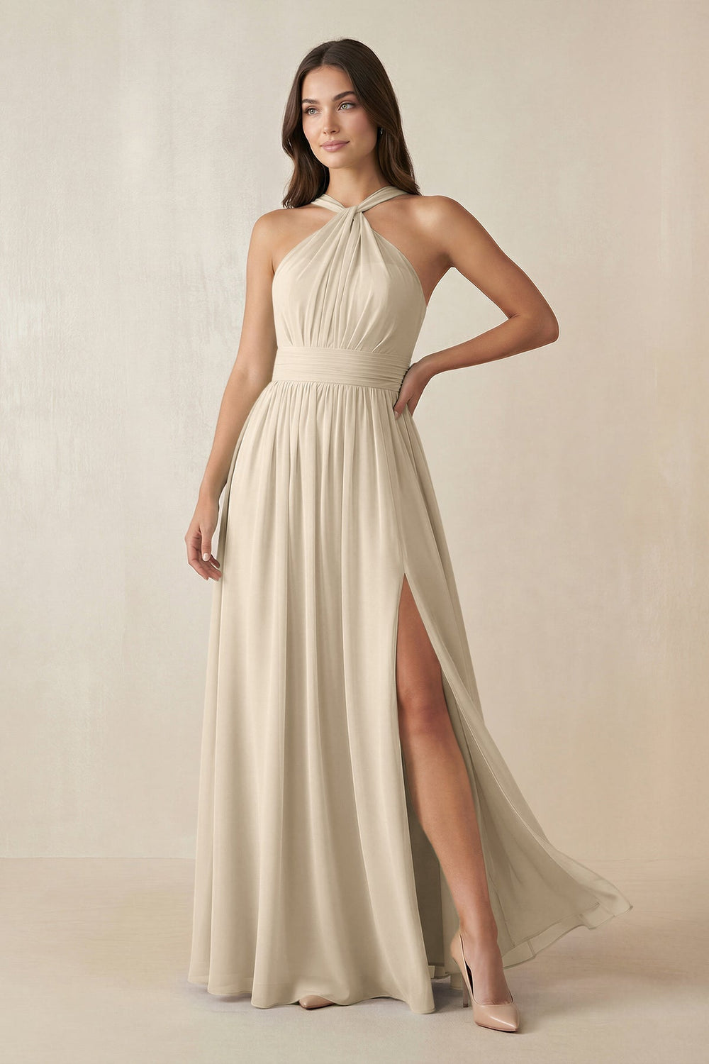 Halter Neck Ruched A-Line Chiffon Dress in Champagne - KISS BRIDAL BRIDESMAID DRESSES