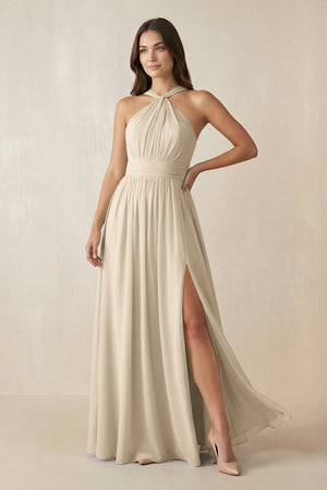 Halter Neck Ruched A-Line Chiffon Dress in Champagne - SHE IS ME BRIDESMAID DRESSES