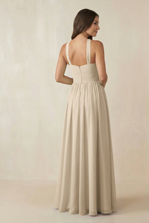Halter Neck Ruched A-Line Chiffon Dress in Champagne - SHE IS ME BRIDESMAID DRESSES