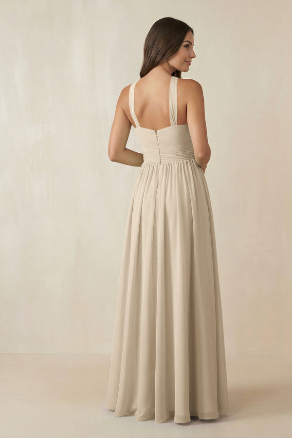 Halter Neck Ruched A-Line Chiffon Dress in Champagne - SHE IS ME BRIDESMAID DRESSES