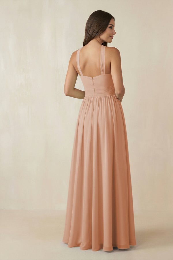 Halter Neck Ruched A-Line Chiffon Dress in Champagne Rose - SHE IS ME BRIDESMAID DRESSES