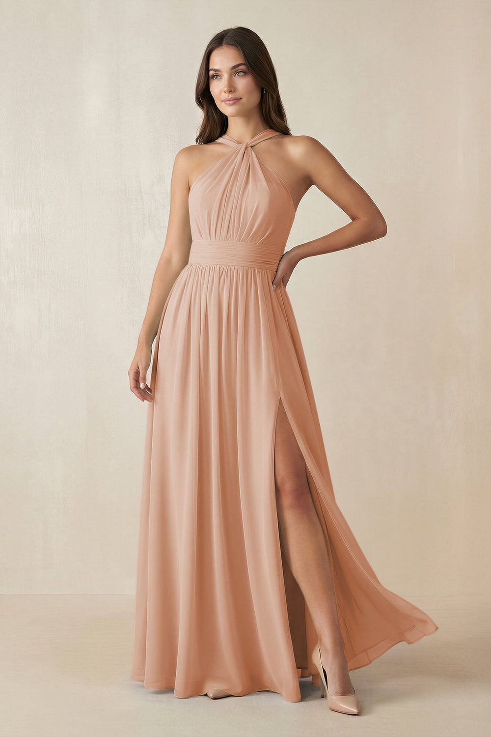 Halter Neck Ruched A-Line Chiffon Dress in Champagne Rose - KISS BRIDAL BRIDESMAID DRESSES