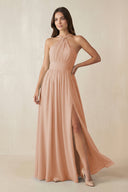 Halter Neck Ruched A-Line Chiffon Dress in Champagne Rose - SHE IS ME BRIDESMAID DRESSES