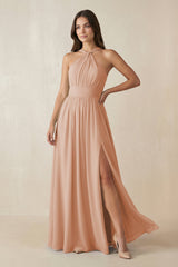 Halter Neck Ruched A-Line Chiffon Dress in Champagne Rose - KISS BRIDAL BRIDESMAID DRESSES