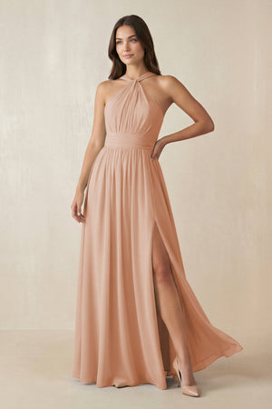 Halter Neck Ruched A-Line Chiffon Dress in Champagne Rose - SHE IS ME BRIDESMAID DRESSES