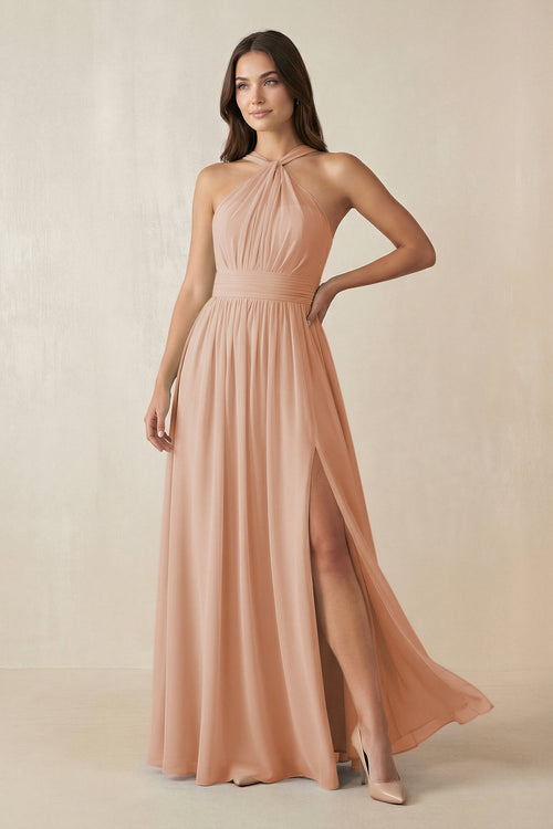 Halter Neck Ruched A-Line Chiffon Dress in Champagne Rose - SHE IS ME BRIDESMAID DRESSES