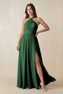 Halter Neck Ruched A-Line Chiffon Dress in Dark Green - SHE IS ME BRIDESMAID DRESSES