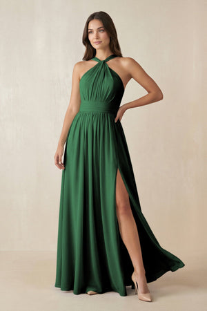 Halter Neck Ruched A-Line Chiffon Dress in Dark Green - SHE IS ME BRIDESMAID DRESSES