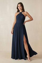 Halter Neck Ruched A-Line Chiffon Dress in Dark Navy - KISS BRIDAL BRIDESMAID DRESSES